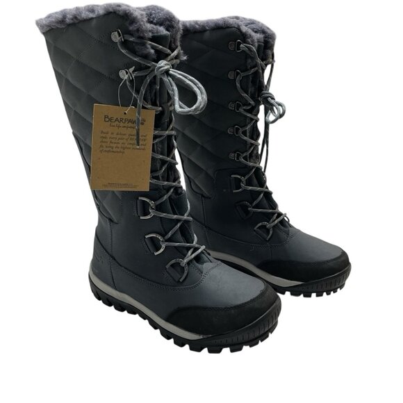 Bearpaw Isabella Boot 9 Charcoal Gray Tall Lace Up Waterproof Faux Fur Lined - Picture 1 of 12